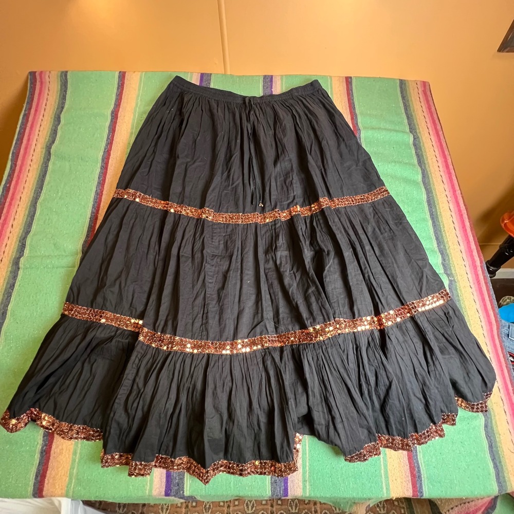 Maxi Skirt Womens XL Black Copper Sequin Tiered Broomstick Boho Gypsy
